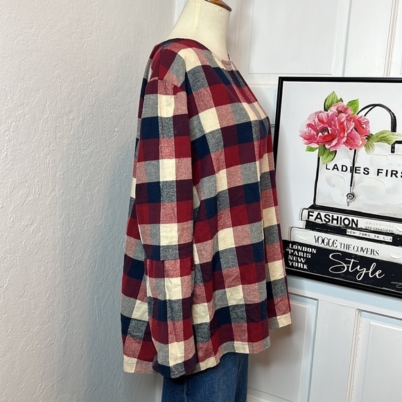 Hatch Plaid Flannel Button Back 3/4 Bell Sleeve Top O/S - Picture 4 of 10